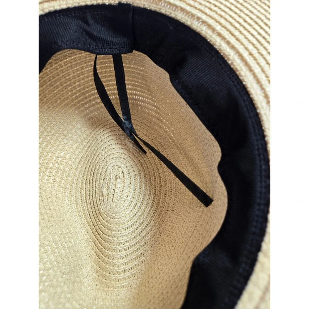 Beige Woven Straw Fedora Wide Brim Sun Hat with Black Ribbon Band Adjustable‎